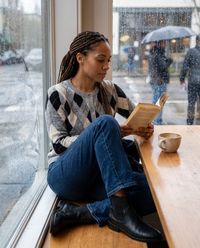 Belgravia Classic Argyle Button-Front Cardigan — reading in a café on a rainy afternoon