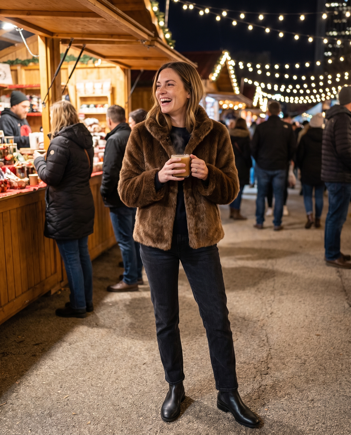 Short Faux Fur Coat with Stand Collar — at a holiday market at night