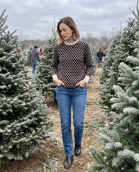 Sunstone Chic Patterned Stand-Collar Sweater — choosing a tree at a Christmas-tree farm