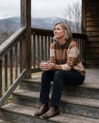 Foxhollow Relaxed Plaid Crew Neck Sweater — with tea on a Vermont cabin porch