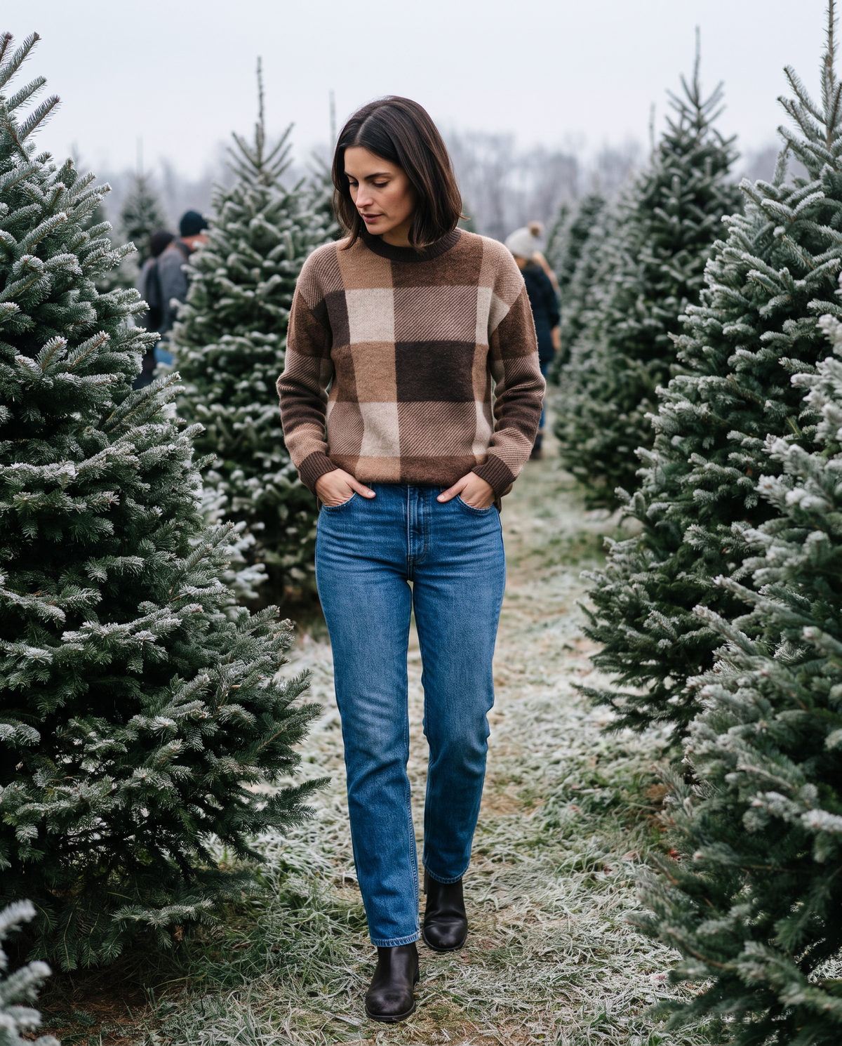 Foxhollow Relaxed Plaid Crew Neck Sweater — choosing a tree at a Christmas-tree farm