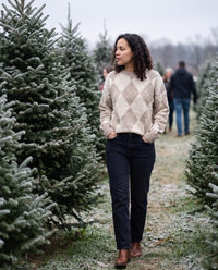 Lantern Oversized Argyle Drop-Shoulder Crew Neck Sweater — choosing a tree at a Christmas-tree farm