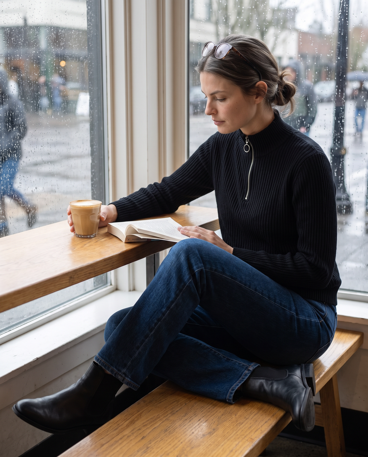 Kestrel Sleek Ribbed Half-Zip Mock Neck Sweater — reading in a café on a rainy afternoon