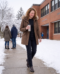 Faux Fur Trim Drawstring Parka — on a snowy school run in New England