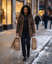 Faux Fur Trim Drawstring Parka — carrying shopping bags on a snowy Chicago sidewalk at dusk