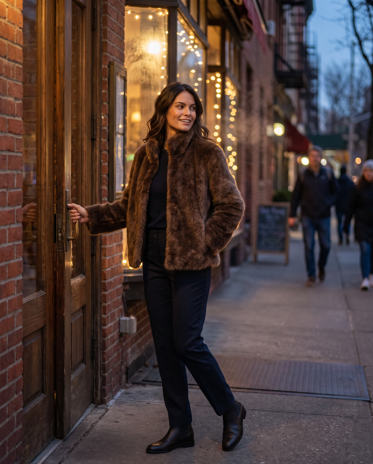 Short Faux Fur Coat with Stand Collar — arriving for dinner in the West Village