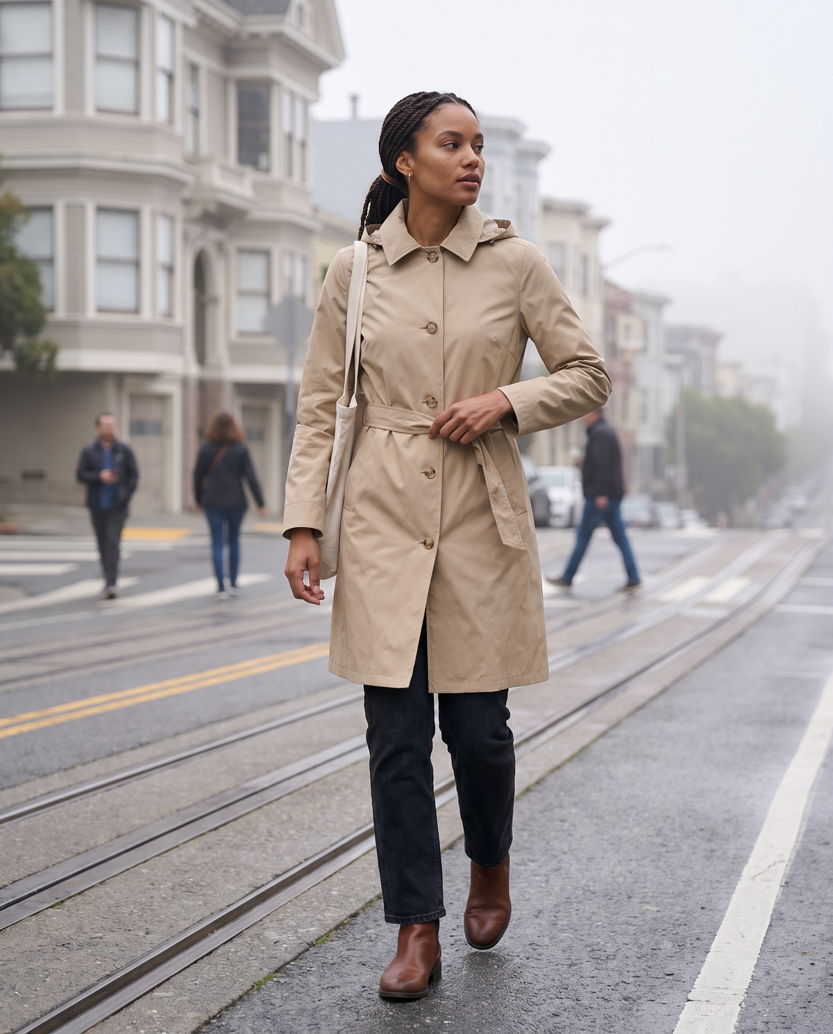 Lightweight Waterproof Trench Coat with Hood — walking up a foggy San Francisco street