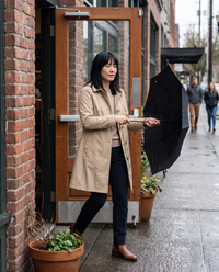 Lightweight Waterproof Trench Coat with Hood — stepping out into the drizzle in Portland