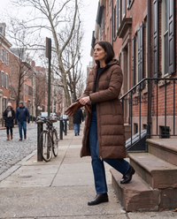 Long Belted Hooded Winter Coat — stepping out of a Philadelphia rowhouse on a cold morning