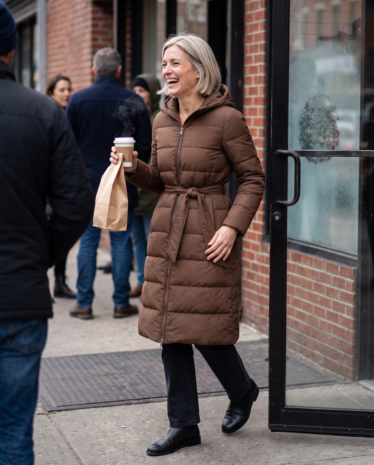 Long Belted Hooded Winter Coat — leaving a Brooklyn bakery on a chilly Saturday