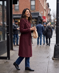 Burgundy Belted Long Coat for Women — leaving a Brooklyn bakery on a chilly Saturday