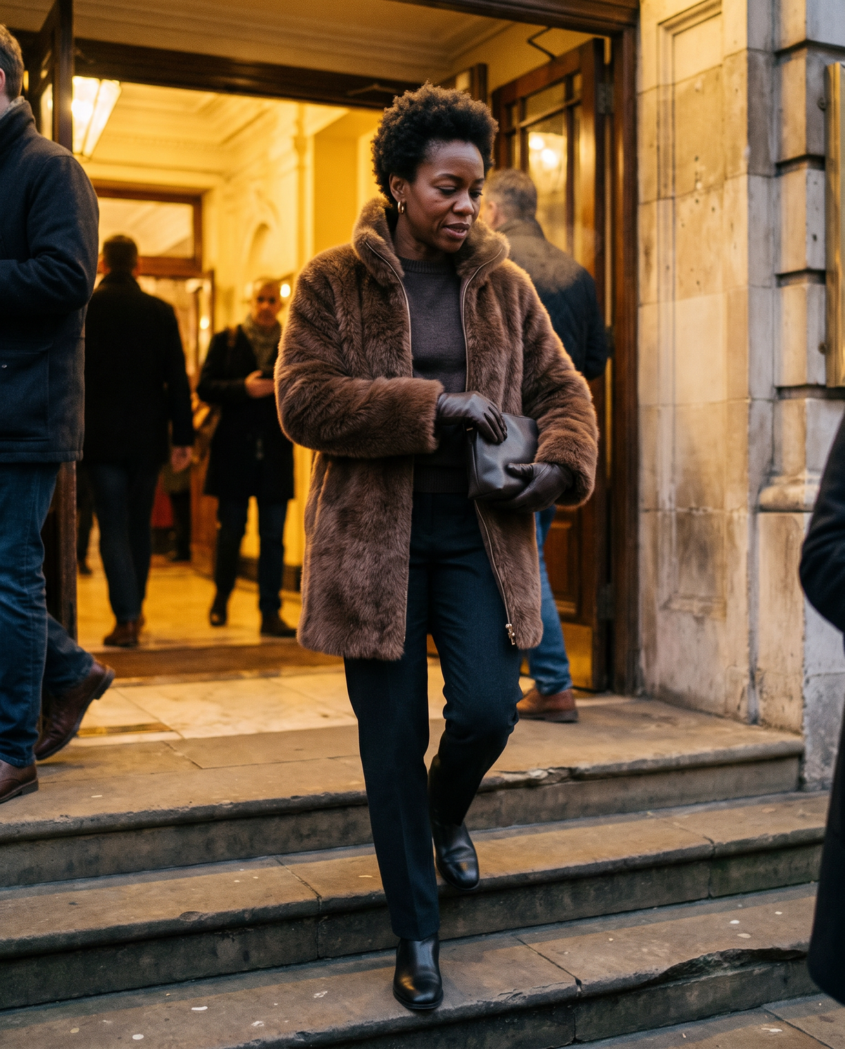 Faux Fur Coat with High Collar — leaving the theatre on a cold evening