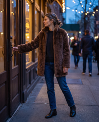Faux Fur Coat with High Collar — arriving for dinner in the West Village