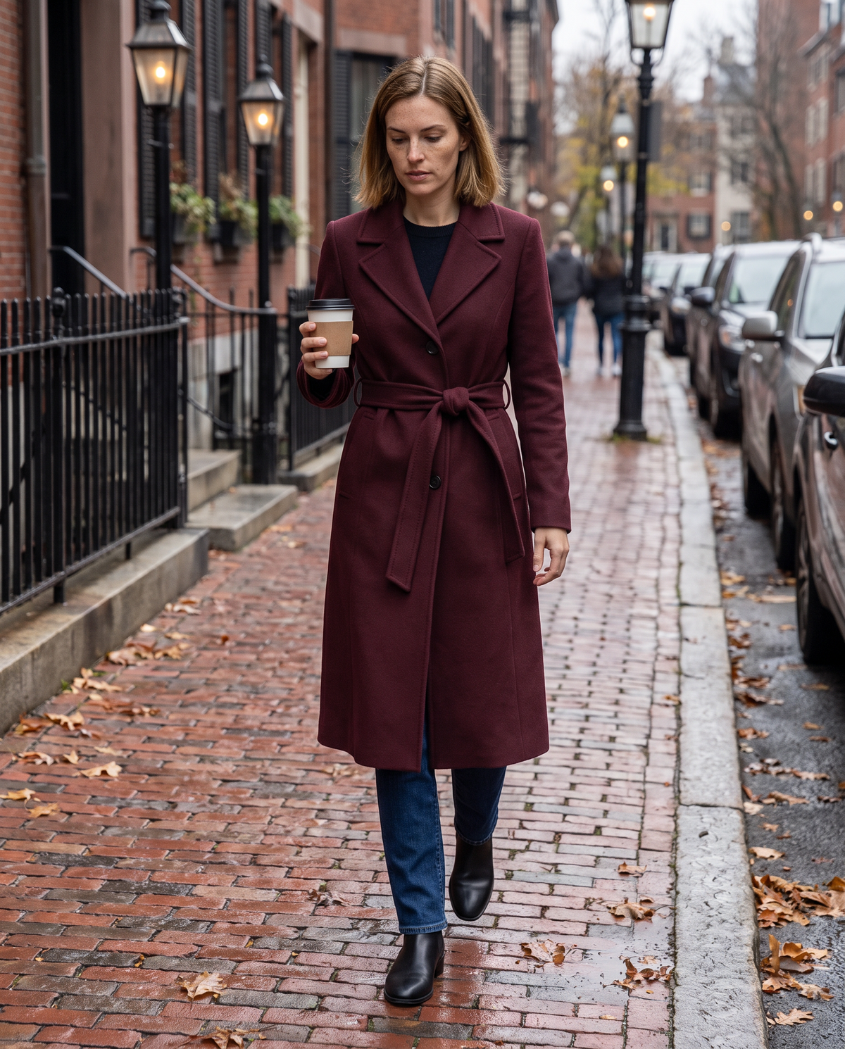 Burgundy Belted Long Coat for Women — walking on a Boston brick sidewalk on a November morning