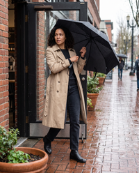Mid-Length Double-Breasted Belted Trench Coat — stepping out into the drizzle in Portland
