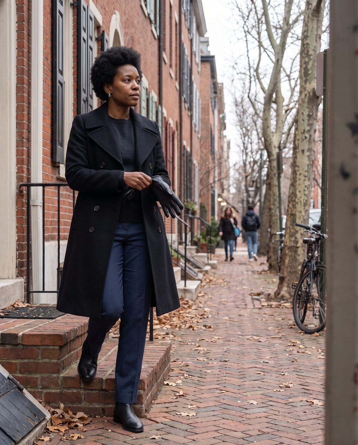 Double-Breasted Coat with Wide Collar — stepping out of a Philadelphia rowhouse on a cold morning