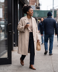 Oversized Wool-Blend Coat with Dropped Shoulders — leaving a Brooklyn bakery on a chilly Saturday