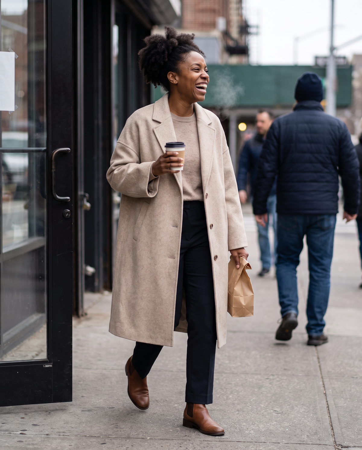 Oversized Wool-Blend Coat with Dropped Shoulders — leaving a Brooklyn bakery on a chilly Saturday