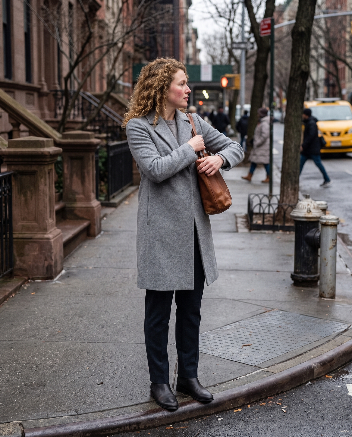 Double-Faced Wool Coat for Women — waiting to cross a Manhattan street on a cloudy afternoon