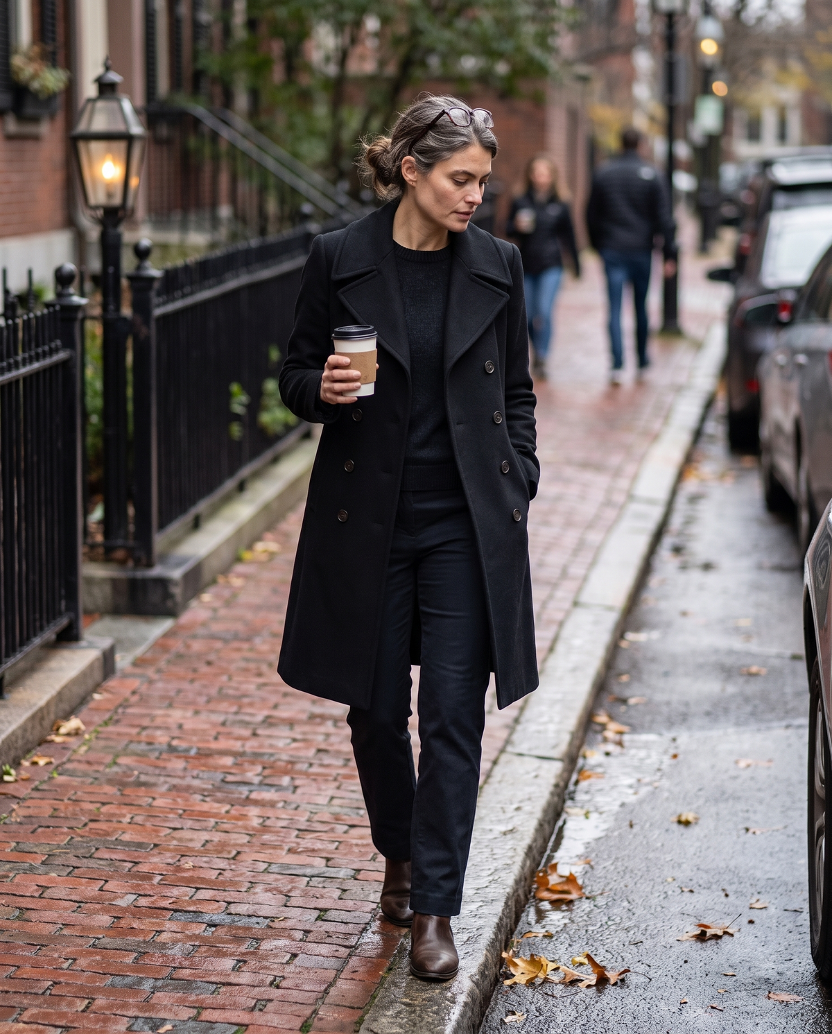 Double-Breasted Coat with Wide Collar — walking on a Boston brick sidewalk on a November morning