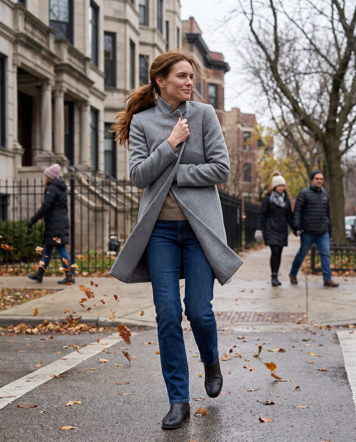 Double-Faced Wool Coat for Women — walking on a windy Chicago street in late autumn