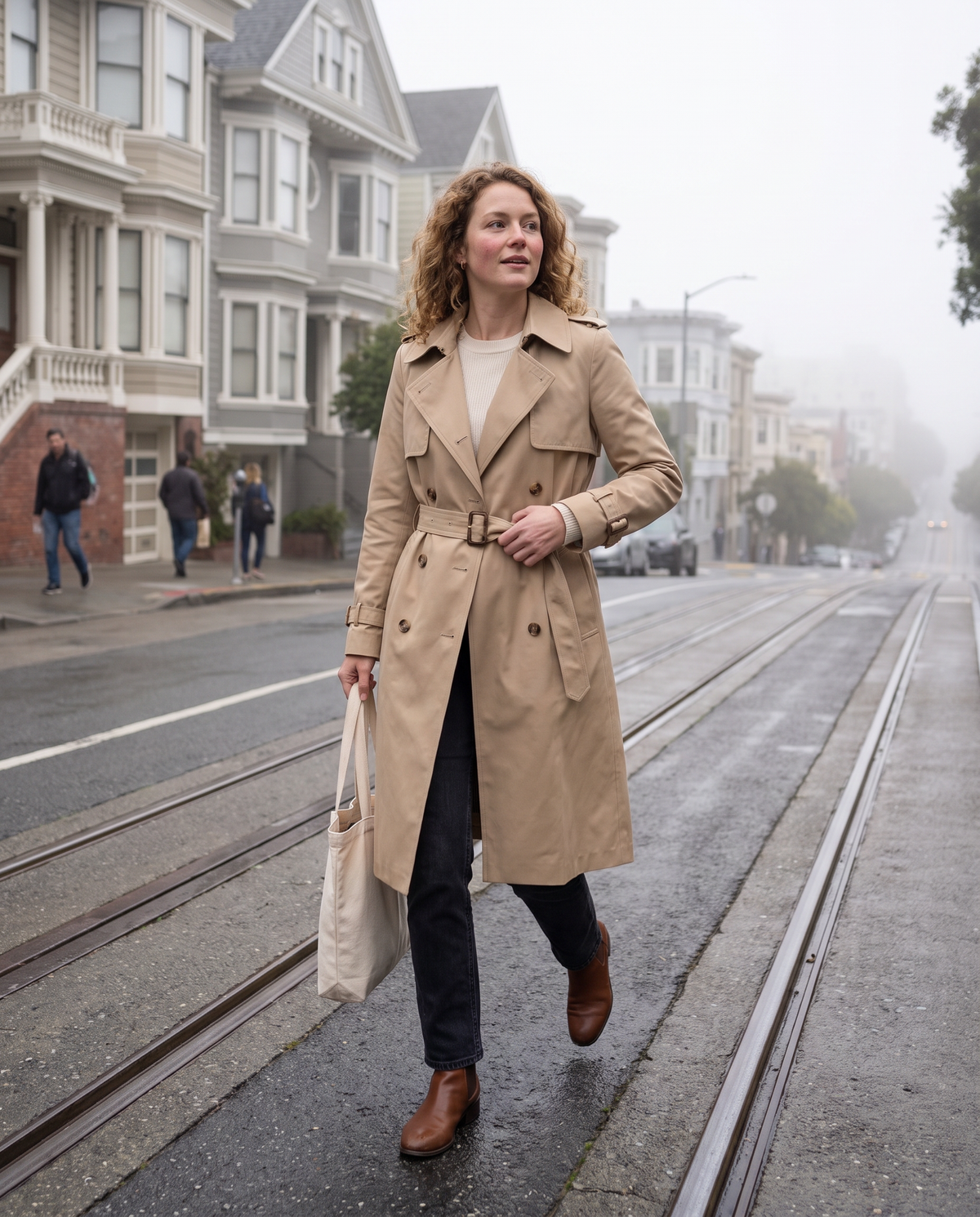 Mid-Length Double-Breasted Belted Trench Coat — walking up a foggy San Francisco street