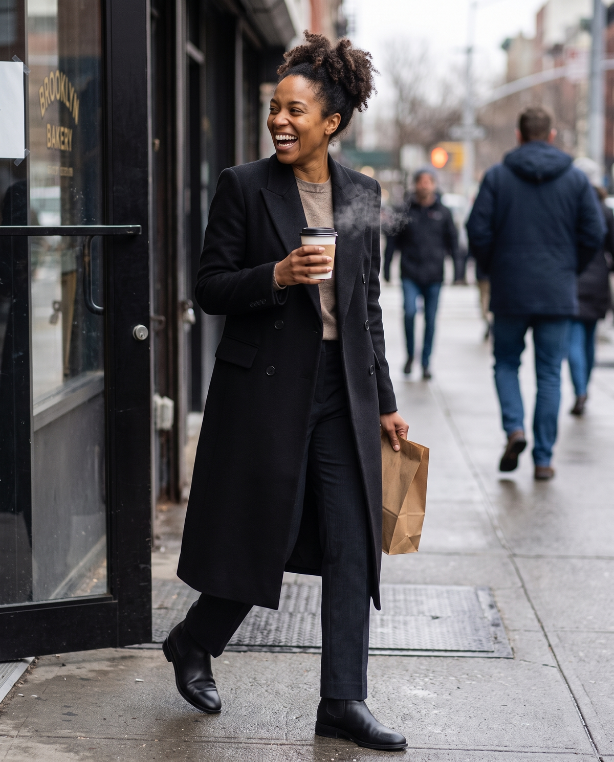 Longline Double-Breasted Tailored Coat — leaving a Brooklyn bakery on a chilly Saturday