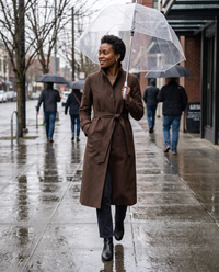 Stand-Collar Trench Coat for Women — walking in the rain in Seattle