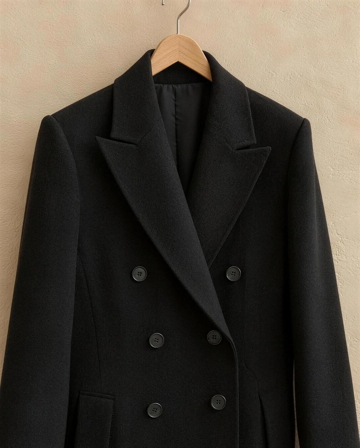 Longline Double-Breasted Tailored Coat — lapel and button detail