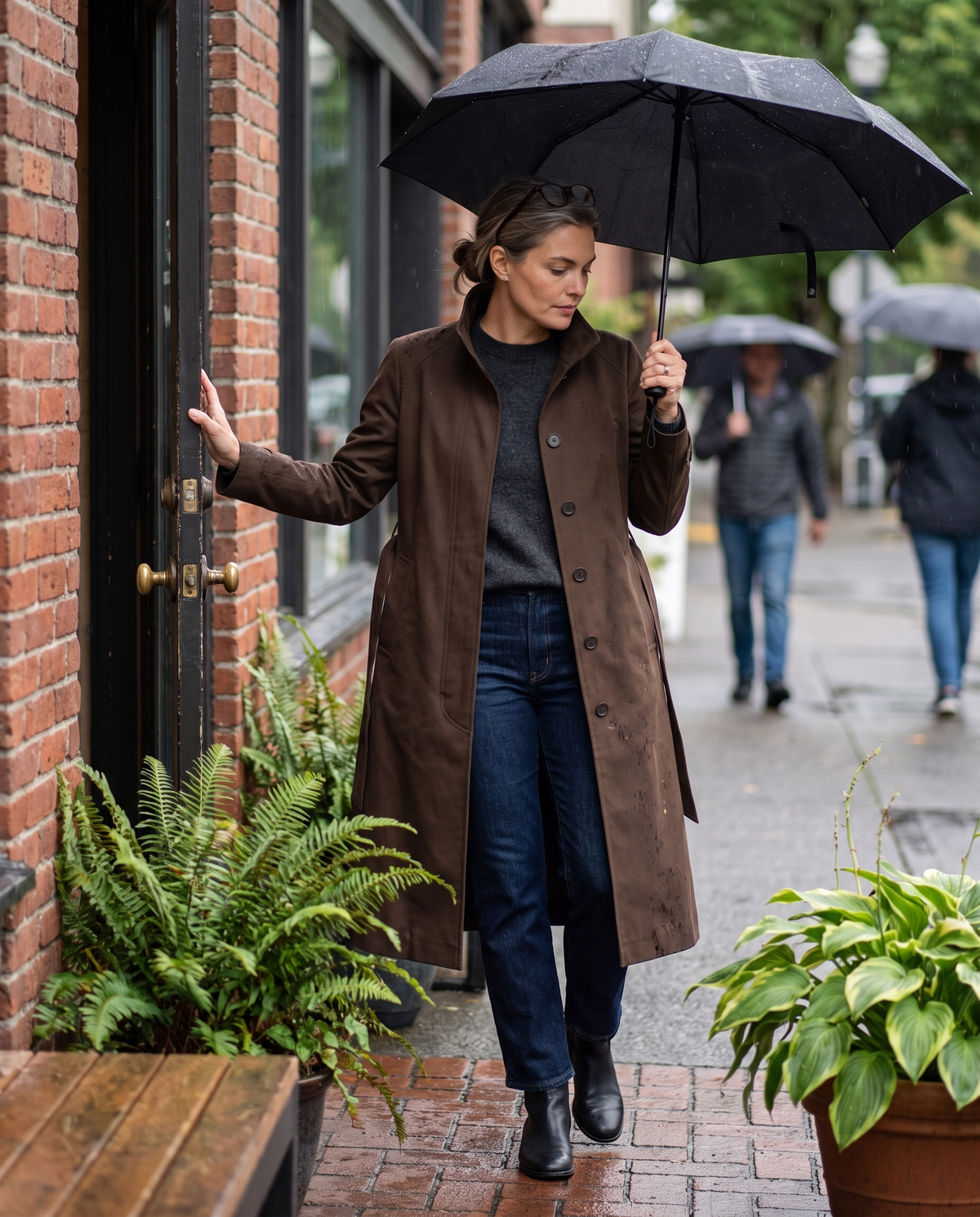 Stand-Collar Trench Coat for Women — stepping out into the drizzle in Portland