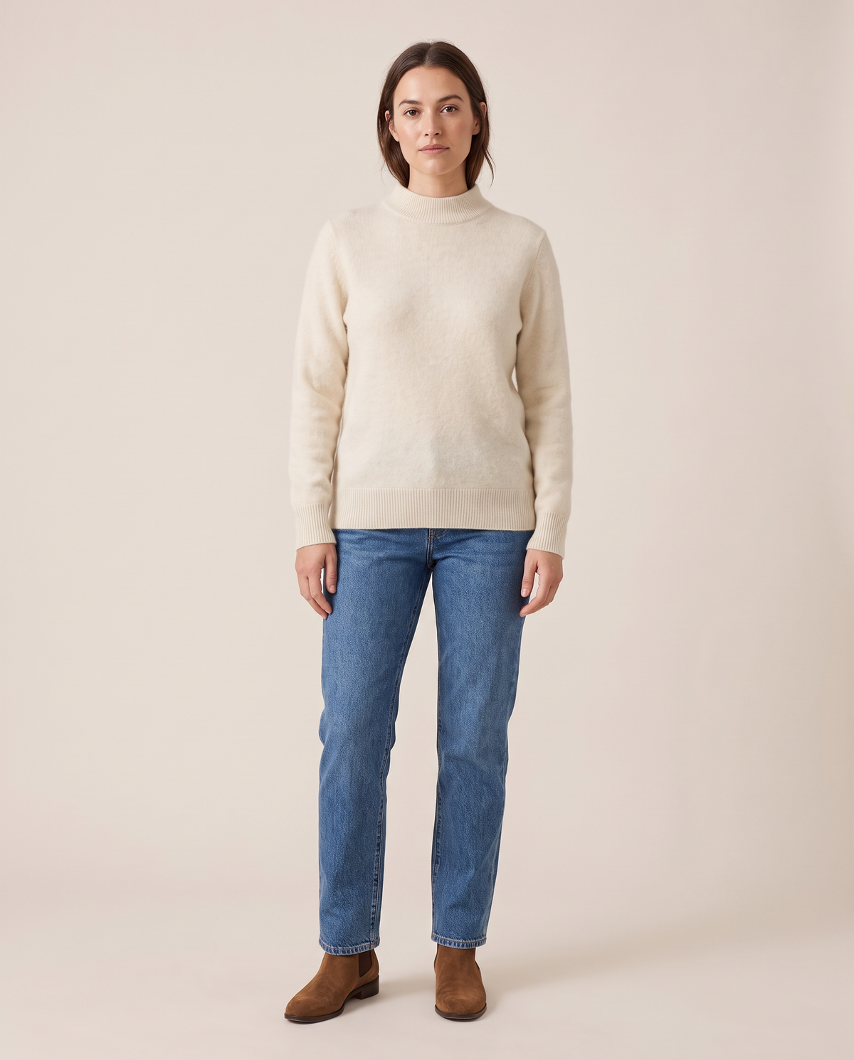 Women's Cashmere Crew Neck Sweater — cream, studio front