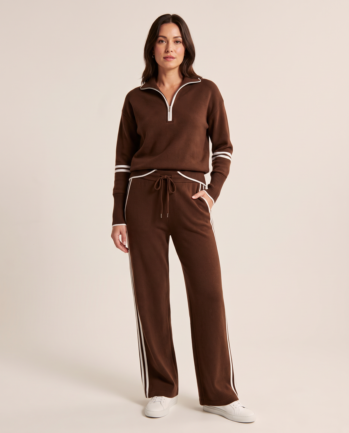 Wide Leg Sweatpants Set with Half Zip Pullover — dark brown, studio front