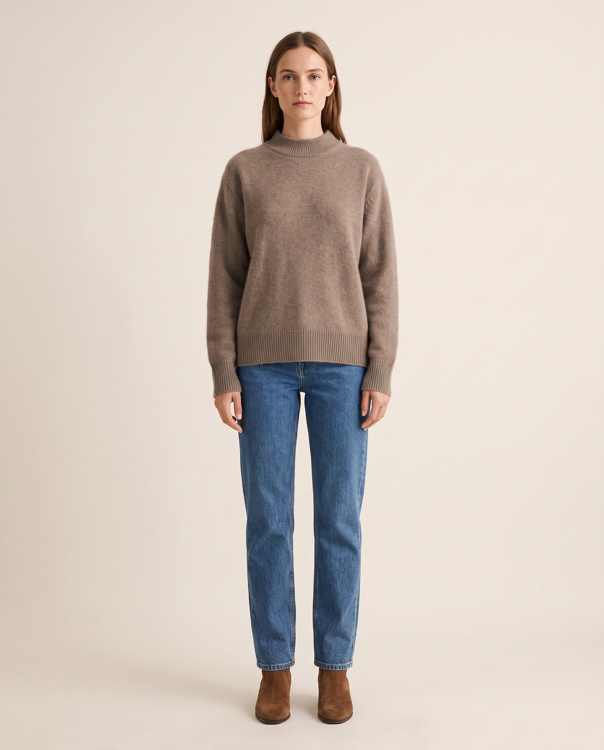 Women's Cashmere Crew Neck Sweater — brown, studio front