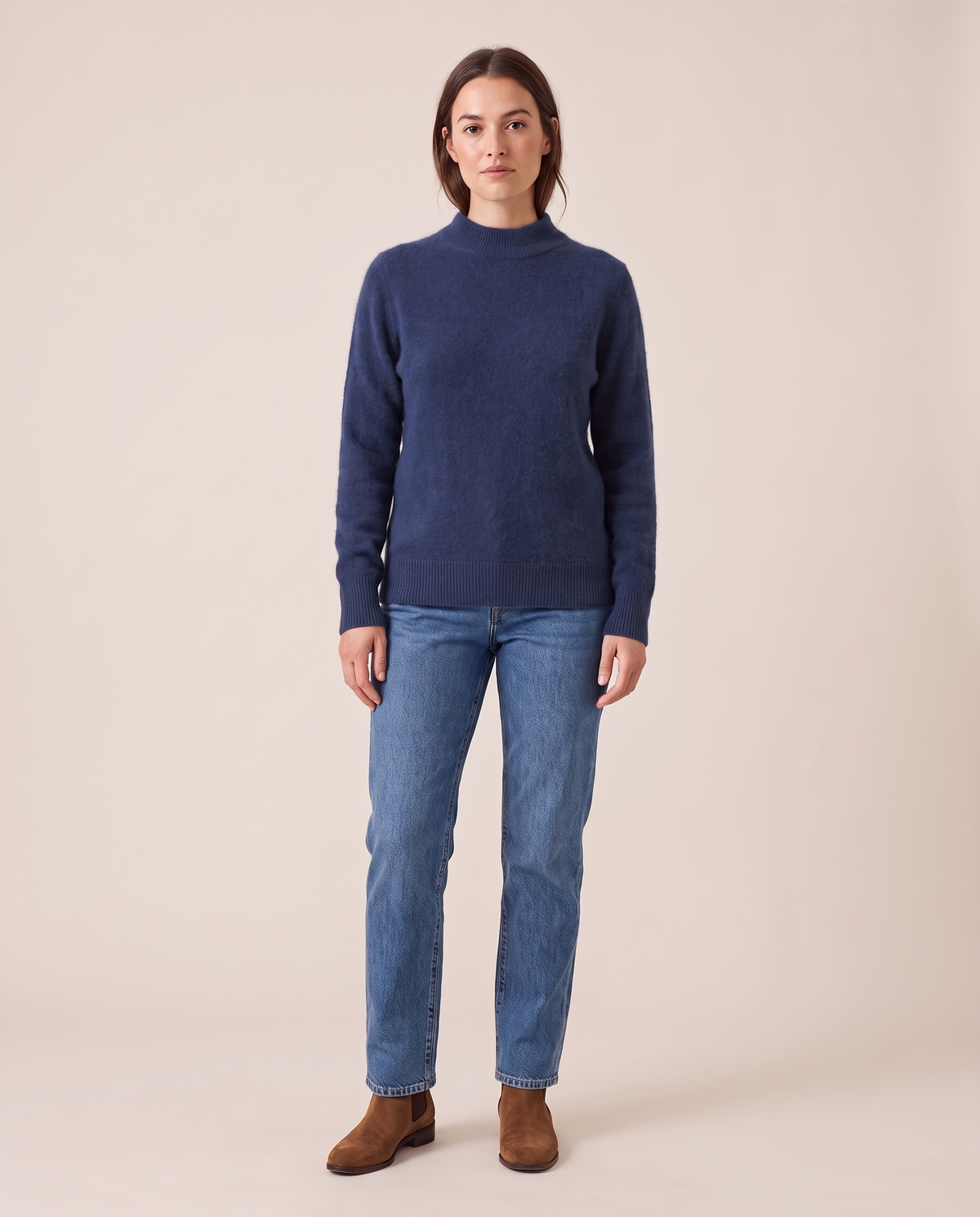 Women's Cashmere Crew Neck Sweater — navy blue, studio front