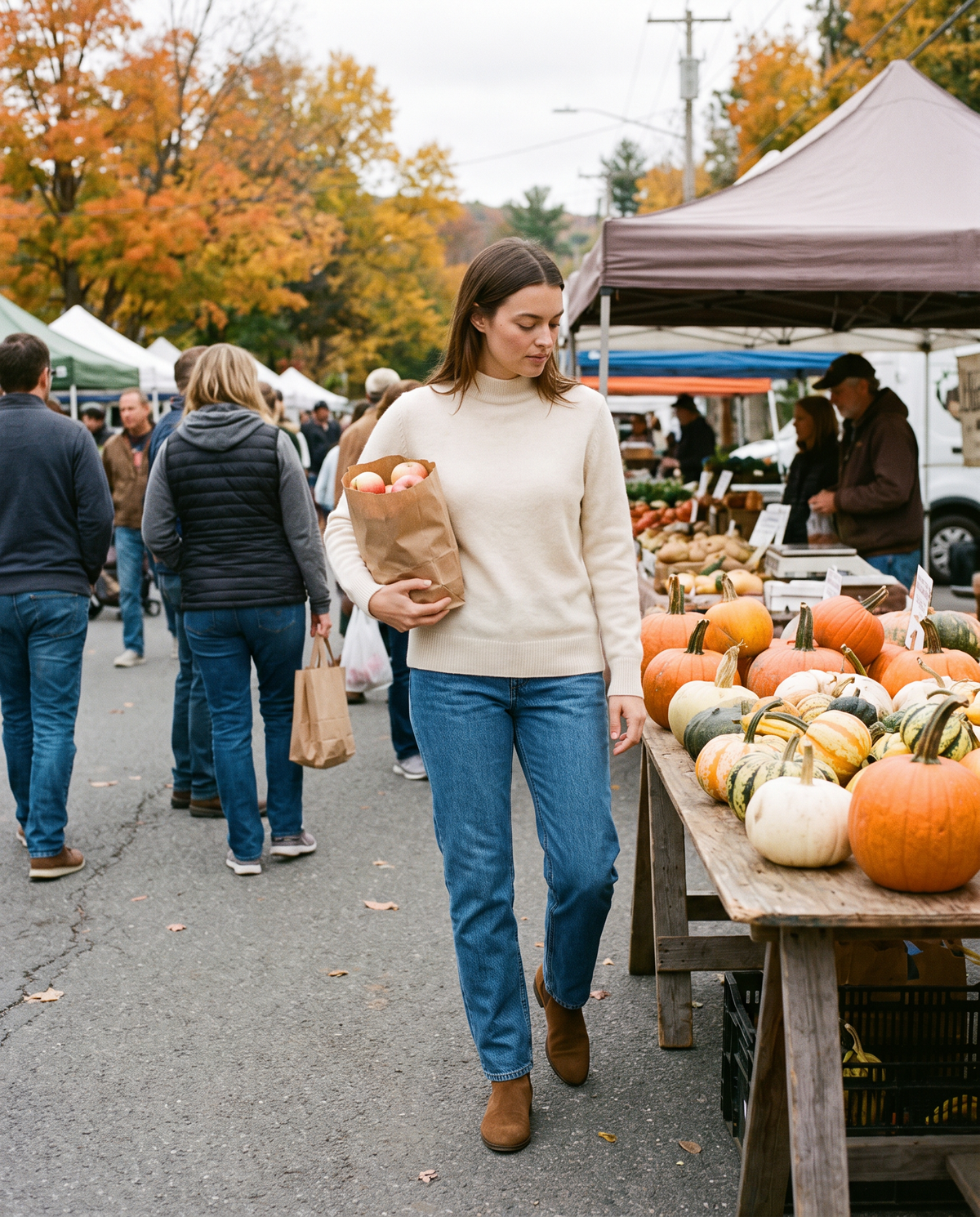 Women's Cashmere Crew Neck Sweater in cream worn at a Hudson Valley farmers market in autumn
