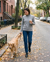 Women's Cashmere Crew Neck Sweater in gray worn walking a dog on a Brooklyn street in fall