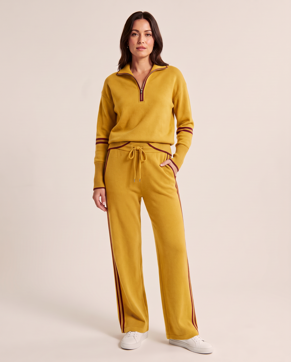 Wide Leg Sweatpants Set with Half Zip Pullover — mustard yellow, studio front