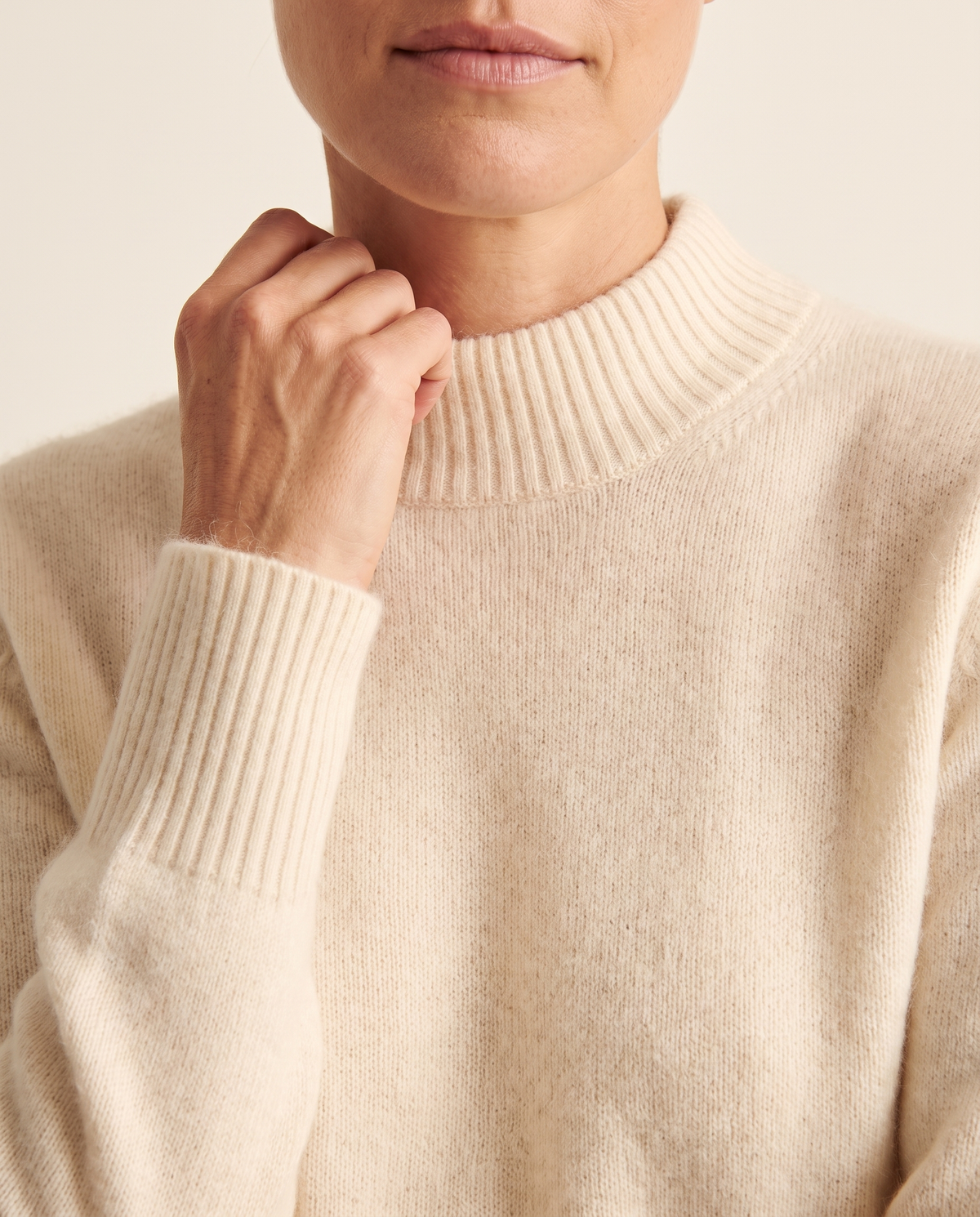 Women's Cashmere Crew Neck Sweater — ribbed collar, cuff and brushed knit detail