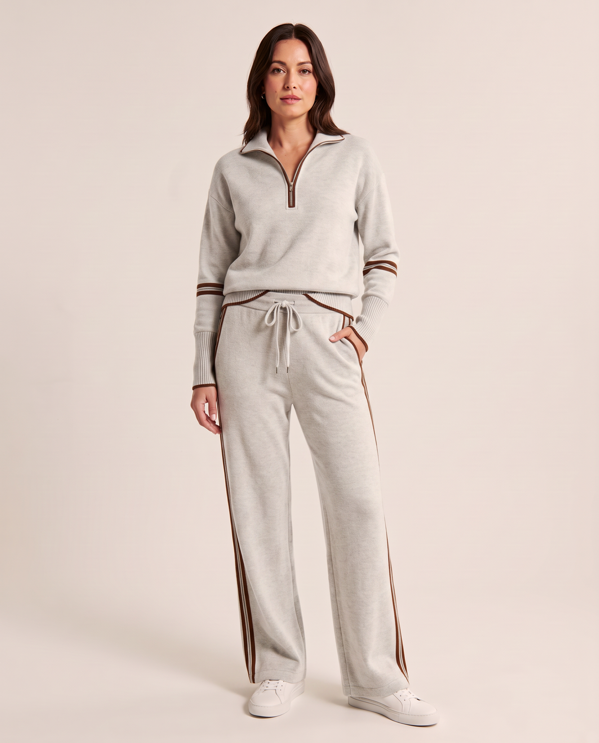 Wide Leg Sweatpants Set with Half Zip Pullover — light gray, studio front