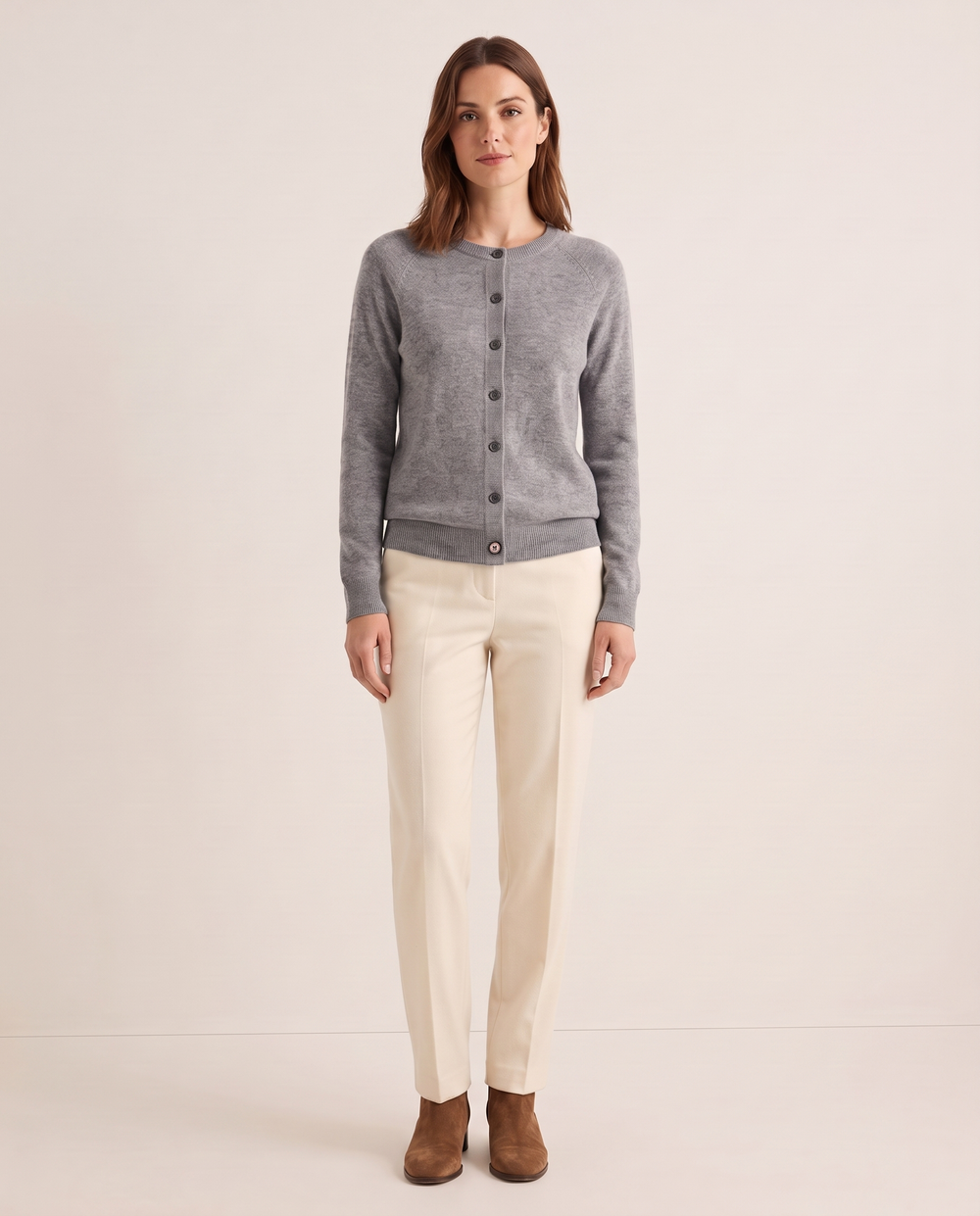 Merino Wool & Cashmere Cardigan — gray, studio front