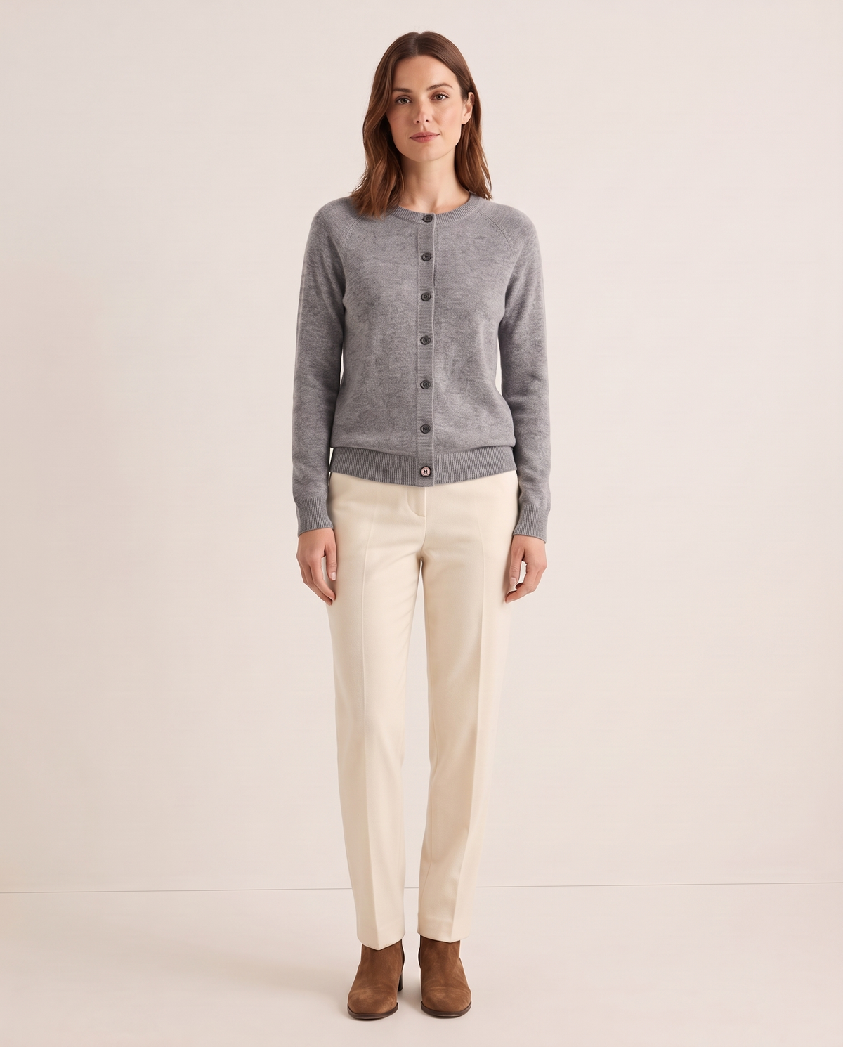 Merino Wool & Cashmere Cardigan — gray, studio front