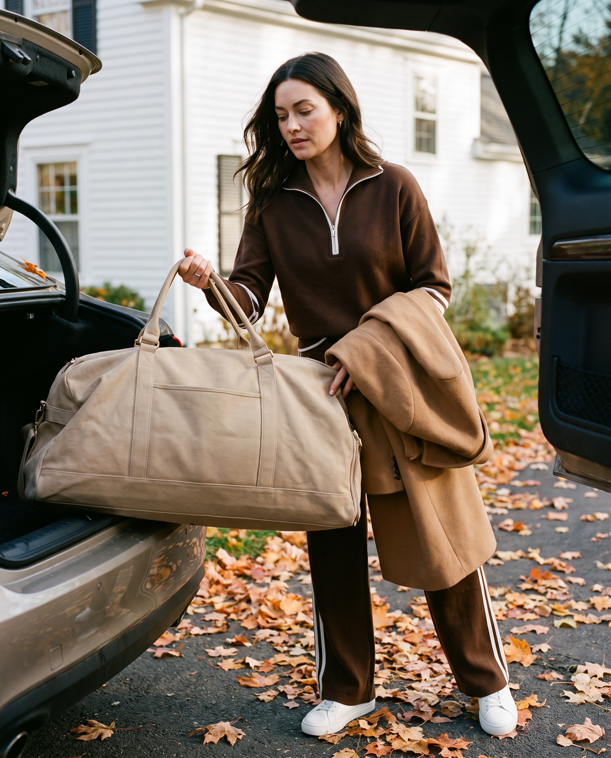 Wide Leg Sweatpants Set with Half Zip Pullover — dark brown, packing the car for a fall road trip in Connecticut