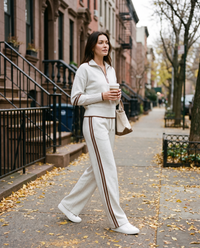 Wide Leg Sweatpants Set with Half Zip Pullover — light gray, coffee walk on a Brooklyn street in autumn