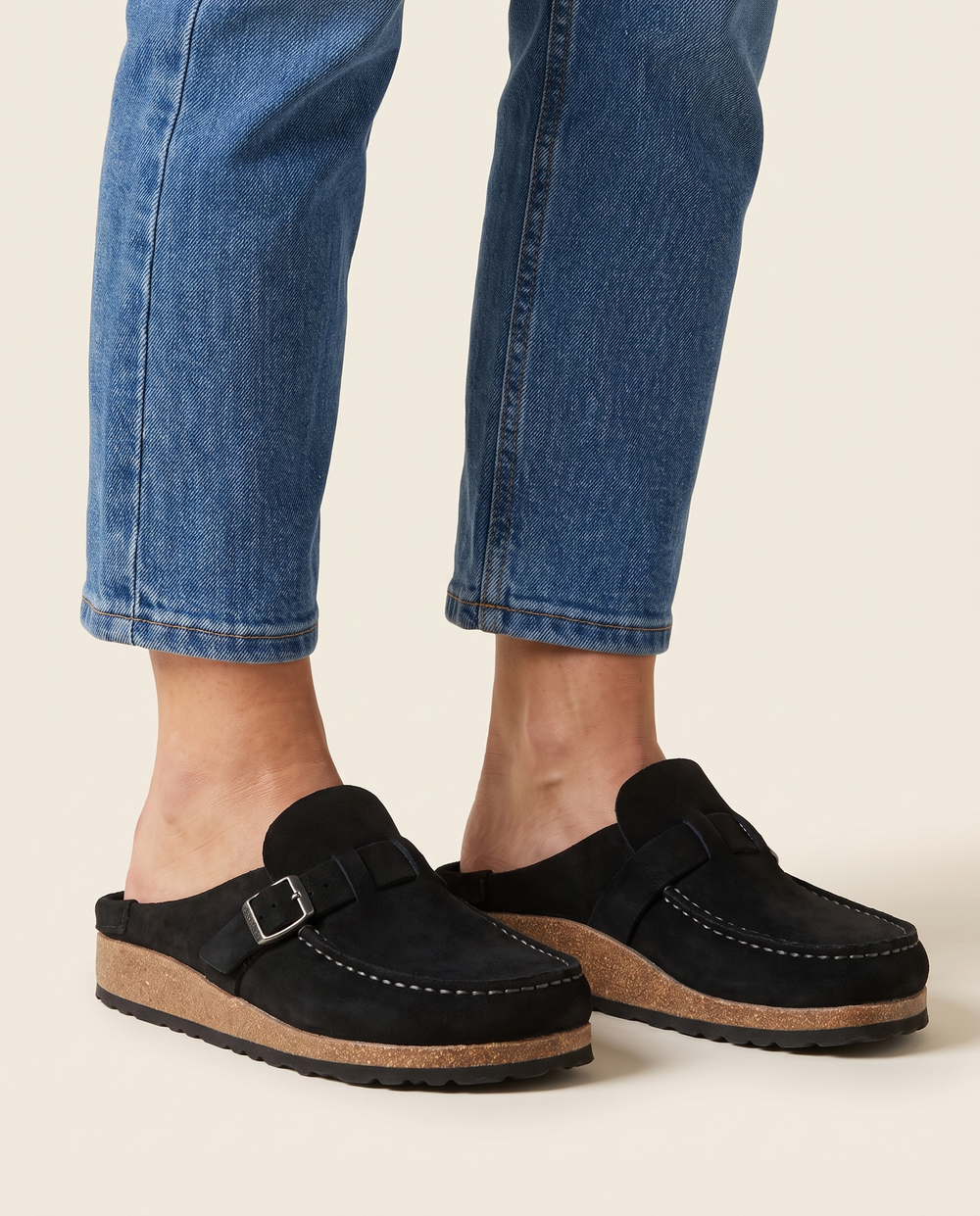 Suede-Finish Buckle Clogs for Women — black, studio front