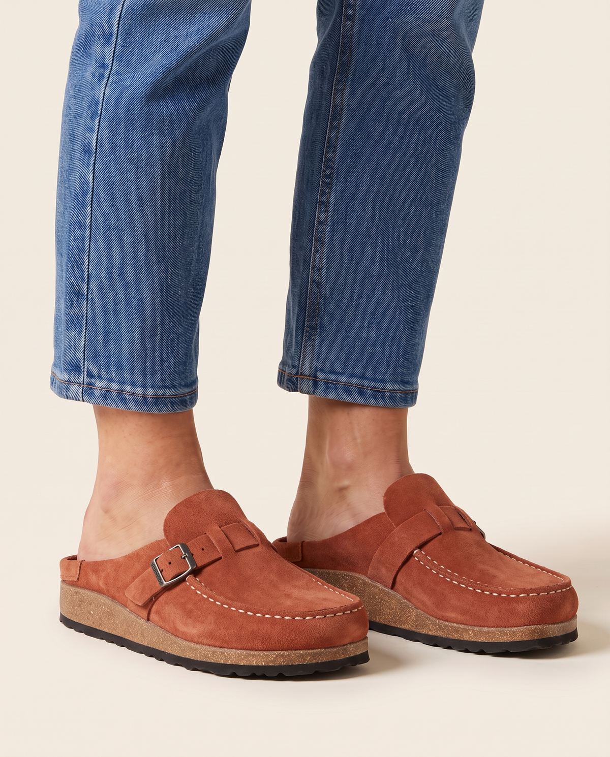 Suede-Finish Buckle Clogs for Women — terracotta, studio front