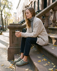 Suede-Finish Buckle Clogs for Women in sage — worn on a Brooklyn brownstone stoop with morning coffee