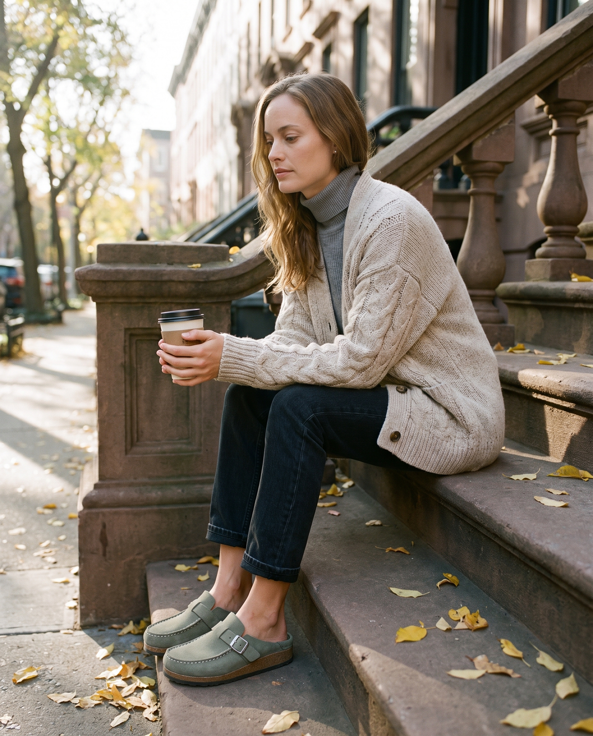 Suede-Finish Buckle Clogs for Women in sage — worn on a Brooklyn brownstone stoop with morning coffee