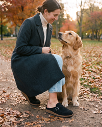 Suede-Finish Buckle Clogs for Women in black — worn on an autumn dog walk in the Boston Public Garden