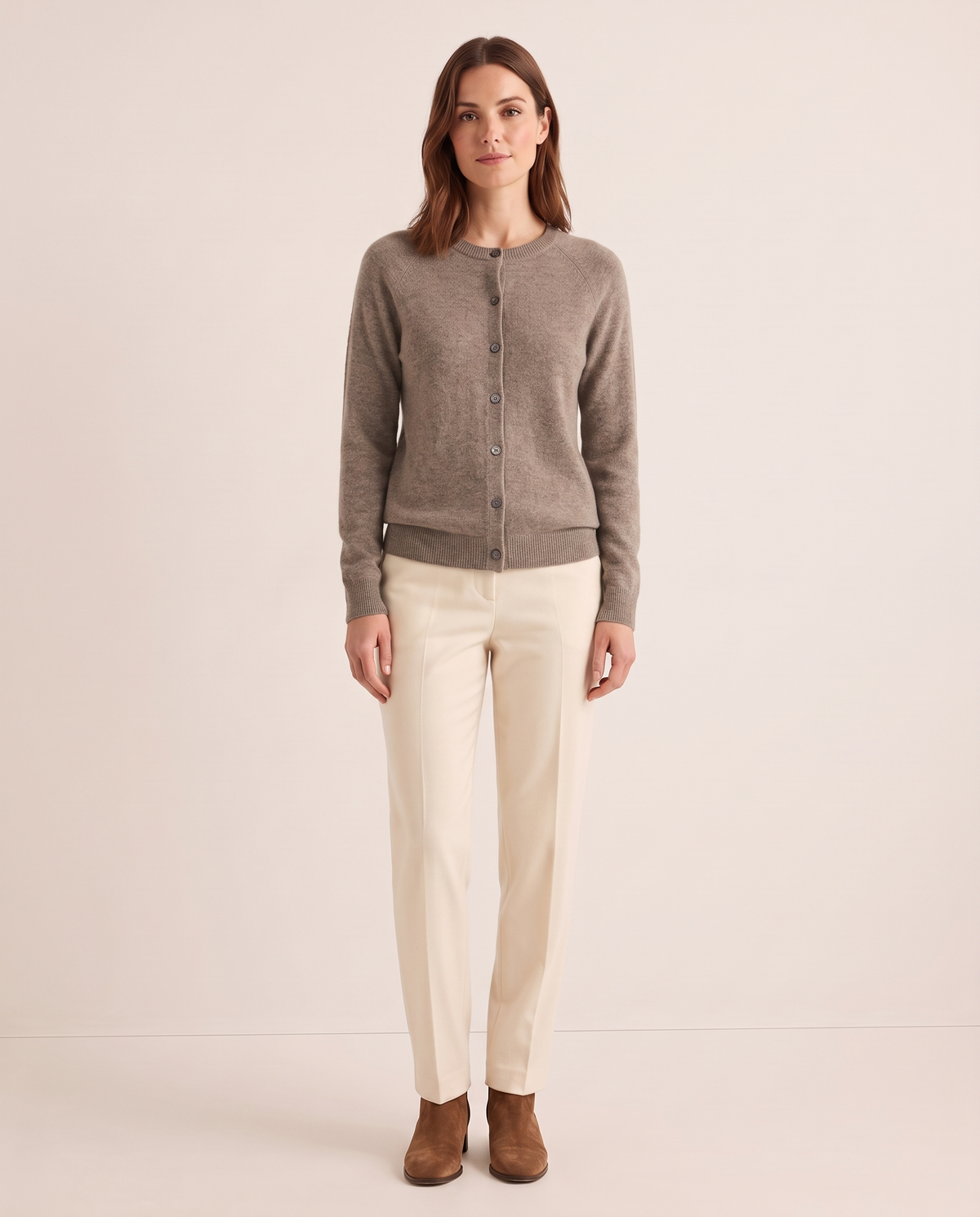 Merino Wool & Cashmere Cardigan — brown, studio front