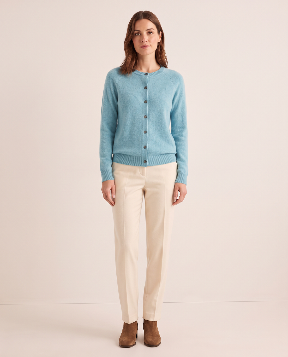 Merino Wool & Cashmere Cardigan — light blue, studio front